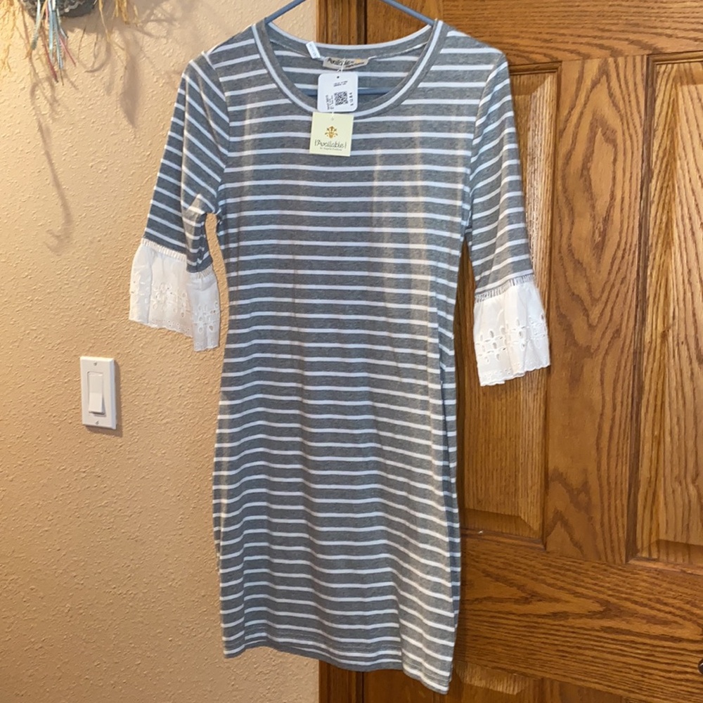 Medium grey and white striped quarter sleeve dress mini length Christmas idea
